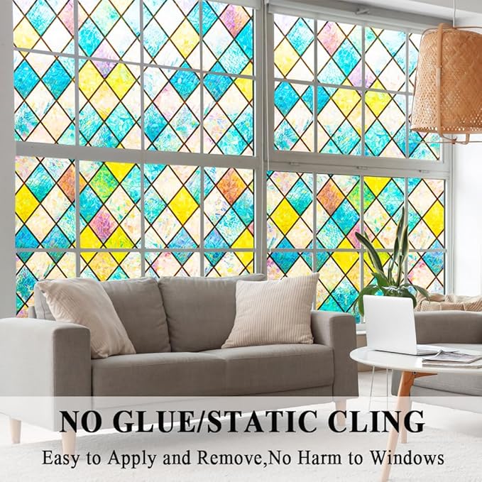 Colorful Stained Glass Window Film 3D Prism Sliding Door Privacy Covering Static Cling Church Tint Decorative Suncatcher Cover Decal No Glue Heat Cotrol Anti Glare Removable Home Office,23.6x118in.