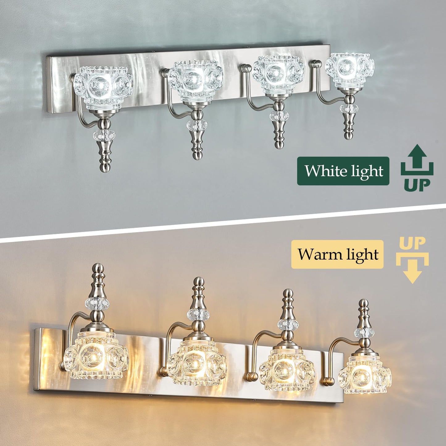 Lbsqj Modern Glass Crystal Vanity Light - Vintage Bathroom Lighting Fixtures Over Mirror  4 Light Vanity Lights G9 Bulb (27.55 Inch  Nickel)
