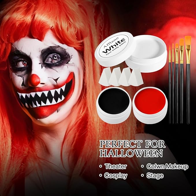 Black White Red Face Paint Kit – Large 50g Oil-Based Grease Makeup Set with Remover Balm, 5 Brushes & 4 Sponges – Waterproof, Full Coverage Halloween, Cosplay & Stage SFX Makeup