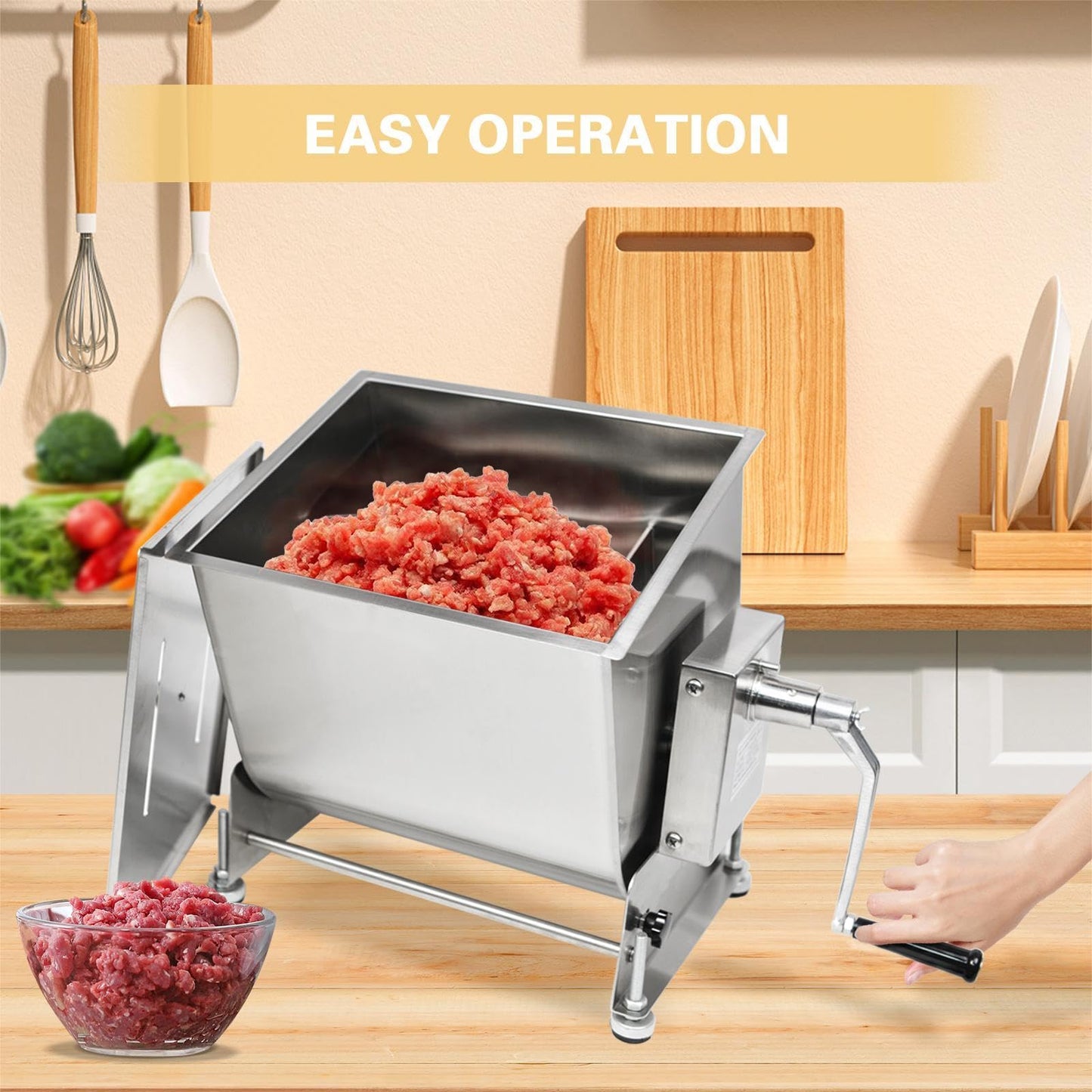 CLIVIA Manual Meat Mixer, 30 Pound Meat Mixer for Sausage, 30lbs Capacity Tilt Tank Sausage Mixer Stainless Steel Food Processer for Meat, Vegetable, Burger, Dumplings