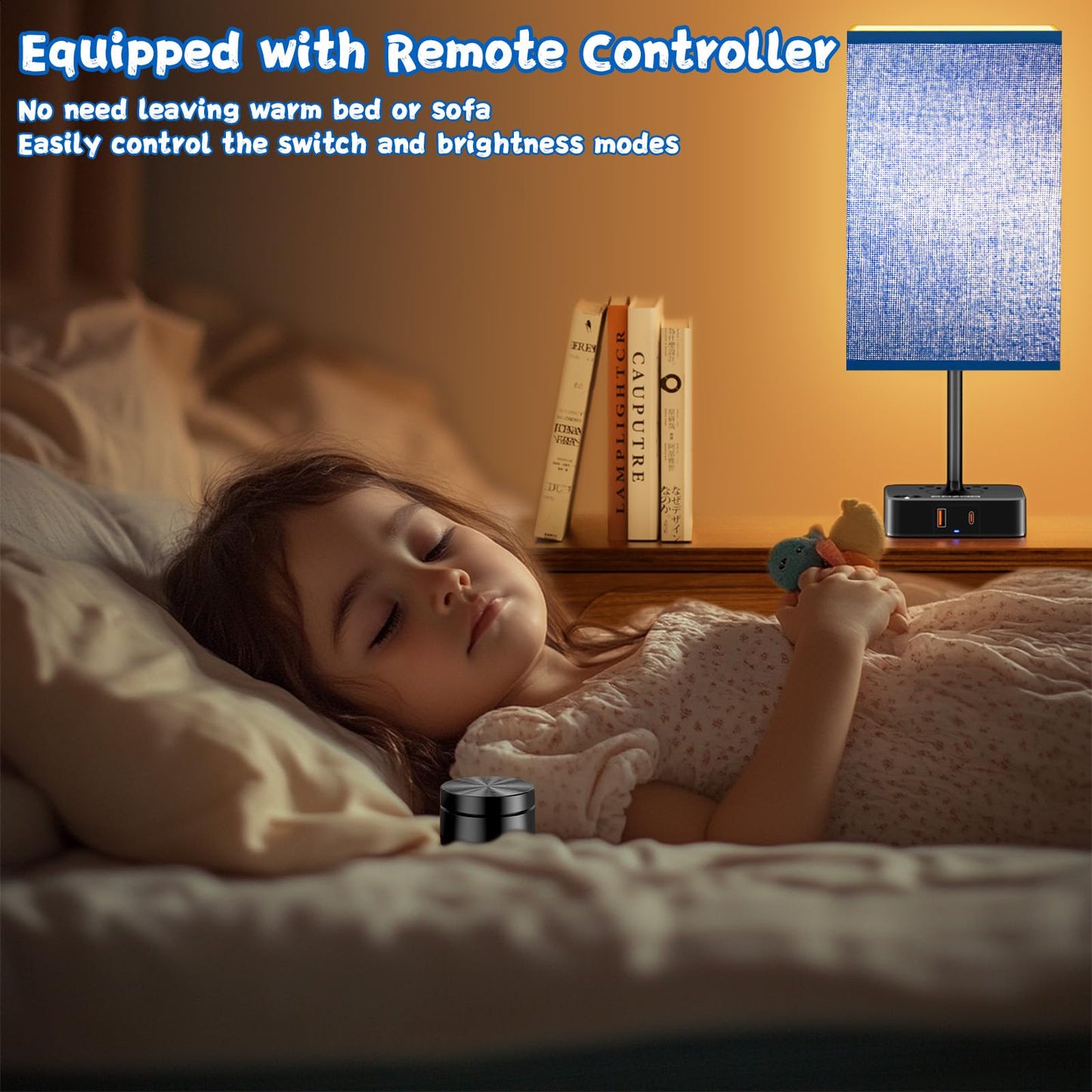 Bedside Lamp & Desk Lamp With Remote  Touch Control  Usb-C/A Ports + Outlets | Blue Fabric Shade Nightstand Table Lamp For Bedroom  Living Room Lighting | Cute Modern Boho Lamp With Charging Station