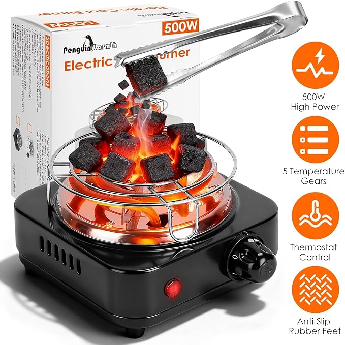 Electric Charcoal Burner Stove, 500W Hookah Single Coil Hot Plate Starter with Grill Tongs, 5-Level Temp, Smart Heat Control & Stainless Steel Fast Heating for Cooking top Countertop(Black)