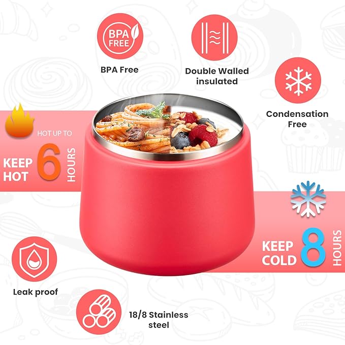 Kids Thermo for Hot Food, 14oz Insulated Soup Jar, Stainless Steel Lunch Box with Leakproof Lid & Spoon, Vacuum Insulated Bento Container (Red)