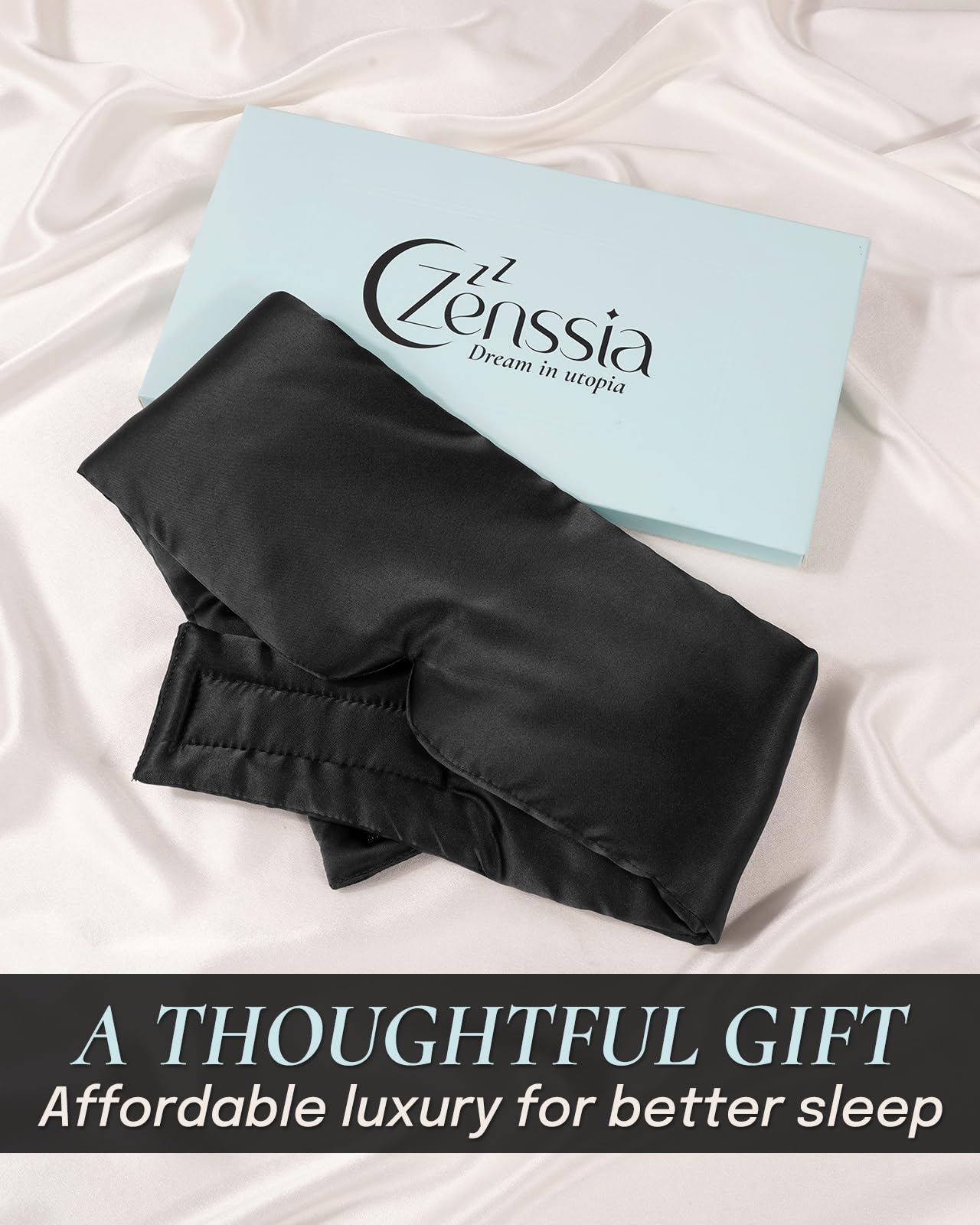 Zenssia Satin Sleep Mask for Women and Men, Lightweight Padded Eye Mask with Adjustable Strap, Comfort Blackout for Travel and Nap - Black