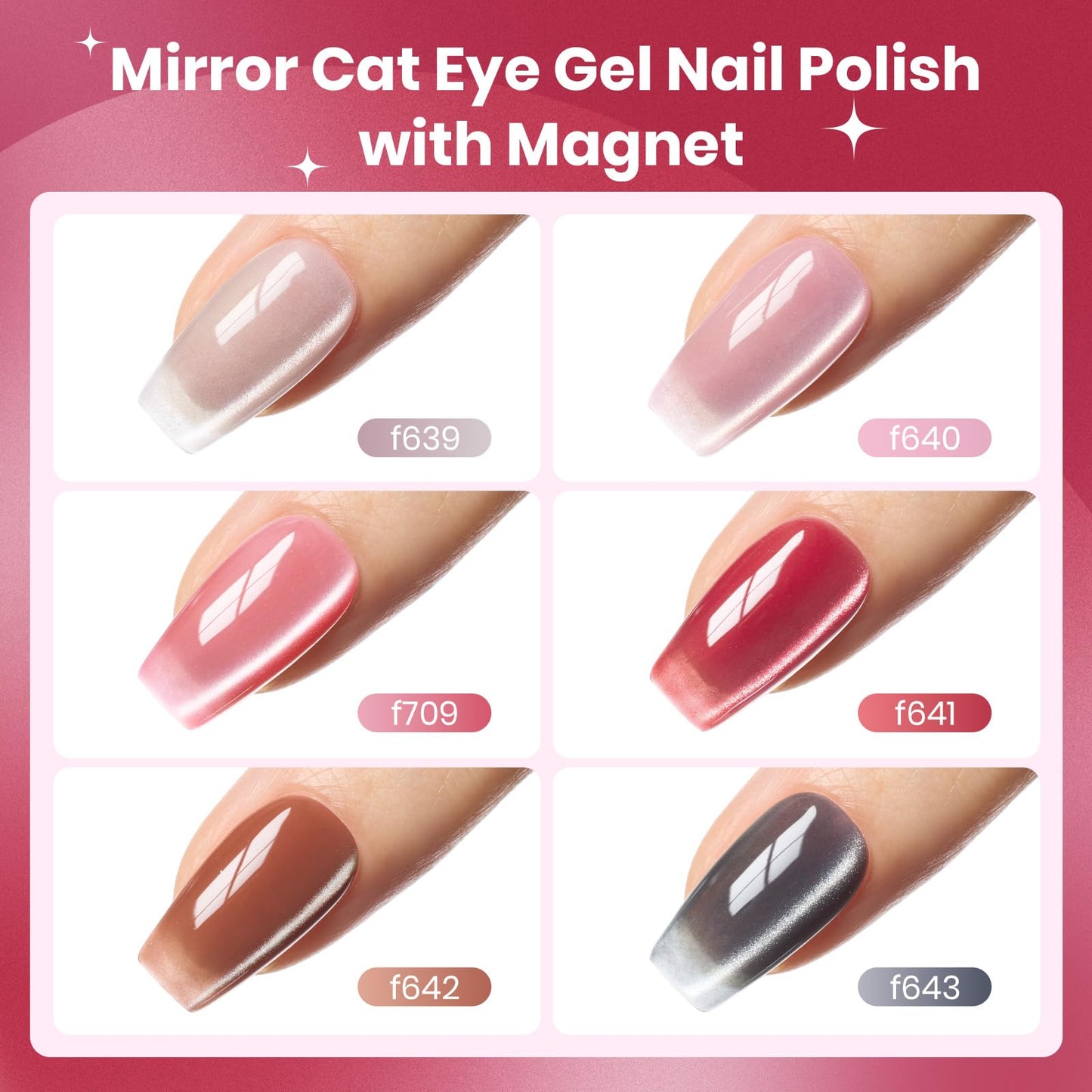 Beetles Cat Eye Gel Nail Polish Set - 6 Colors Silver Pink Red Brown Black Glitter Cat Eye Fall Gel Polish Kit Translucent Effec