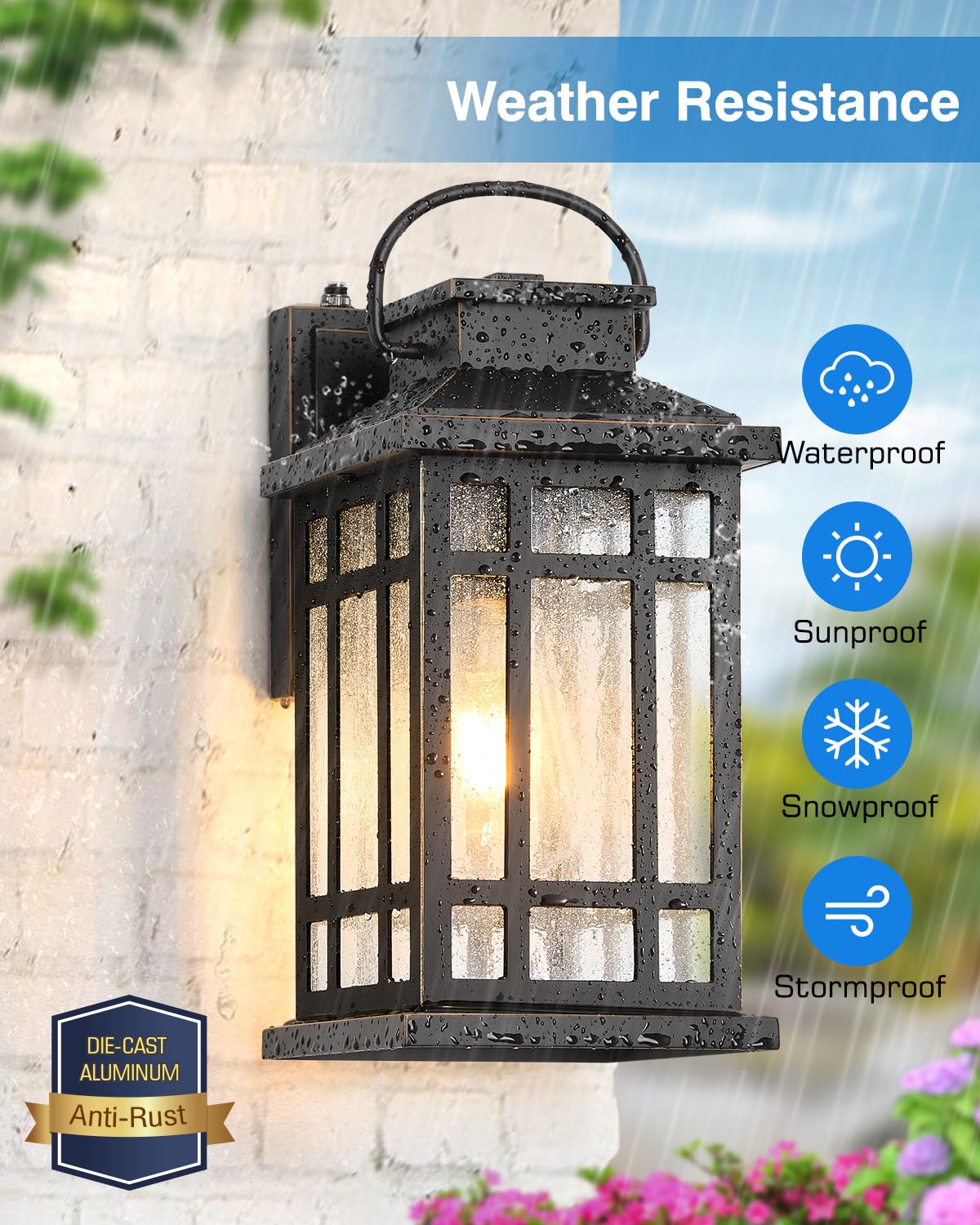 Opaxis Exterior Lighting Fixtures  Black Porch Lights Outdoor With Gold Trim  Dusk To Dawn Porch Light With Seeded Glass  Aluminum Anti-Rust Waterproof Outdoor Wall Lantern For Houae  Garage  Doorway