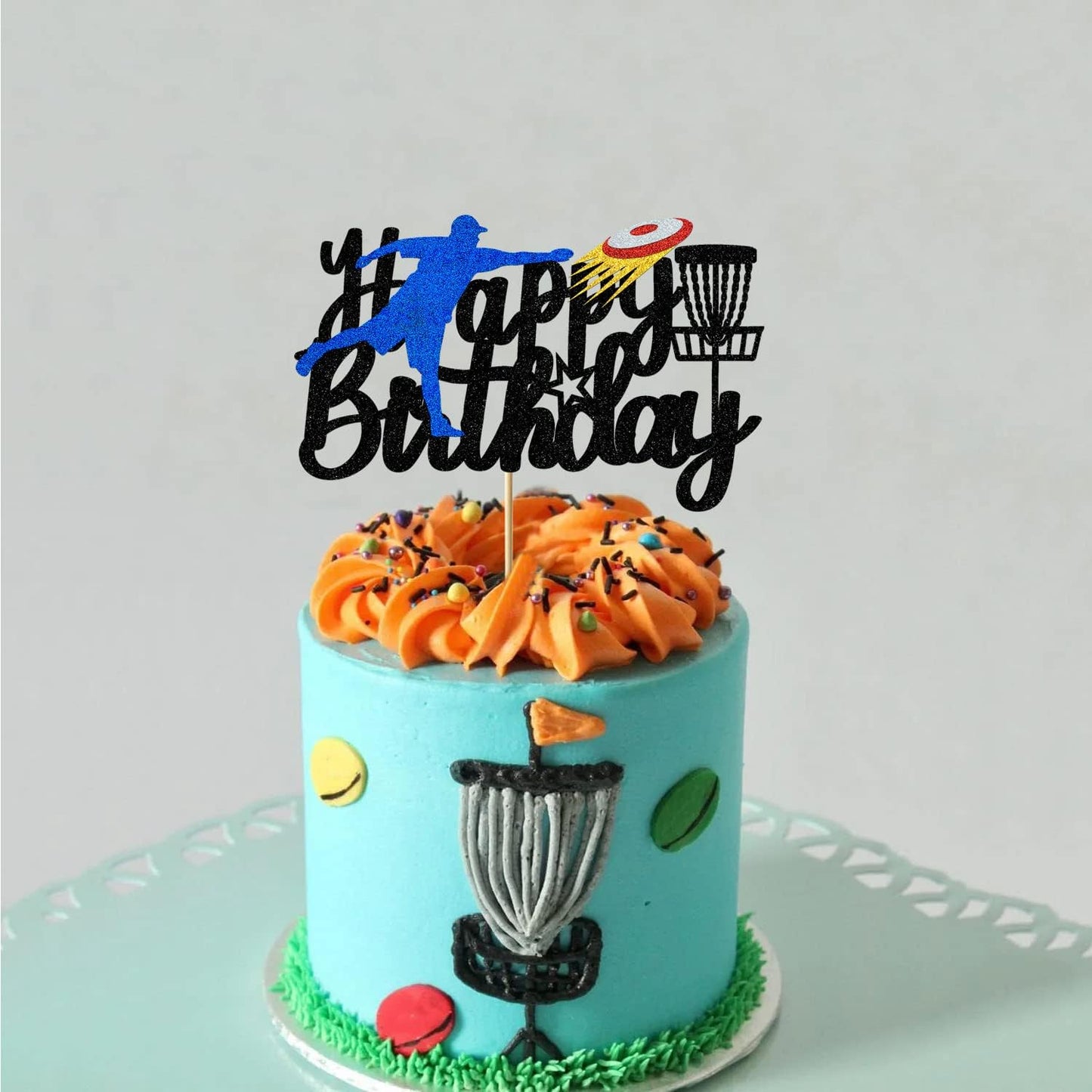 Disc Golf Cake Topper Decorations for Childer's Adults Glitter Happy Birthday Decoration Sports Theme Party Supplies