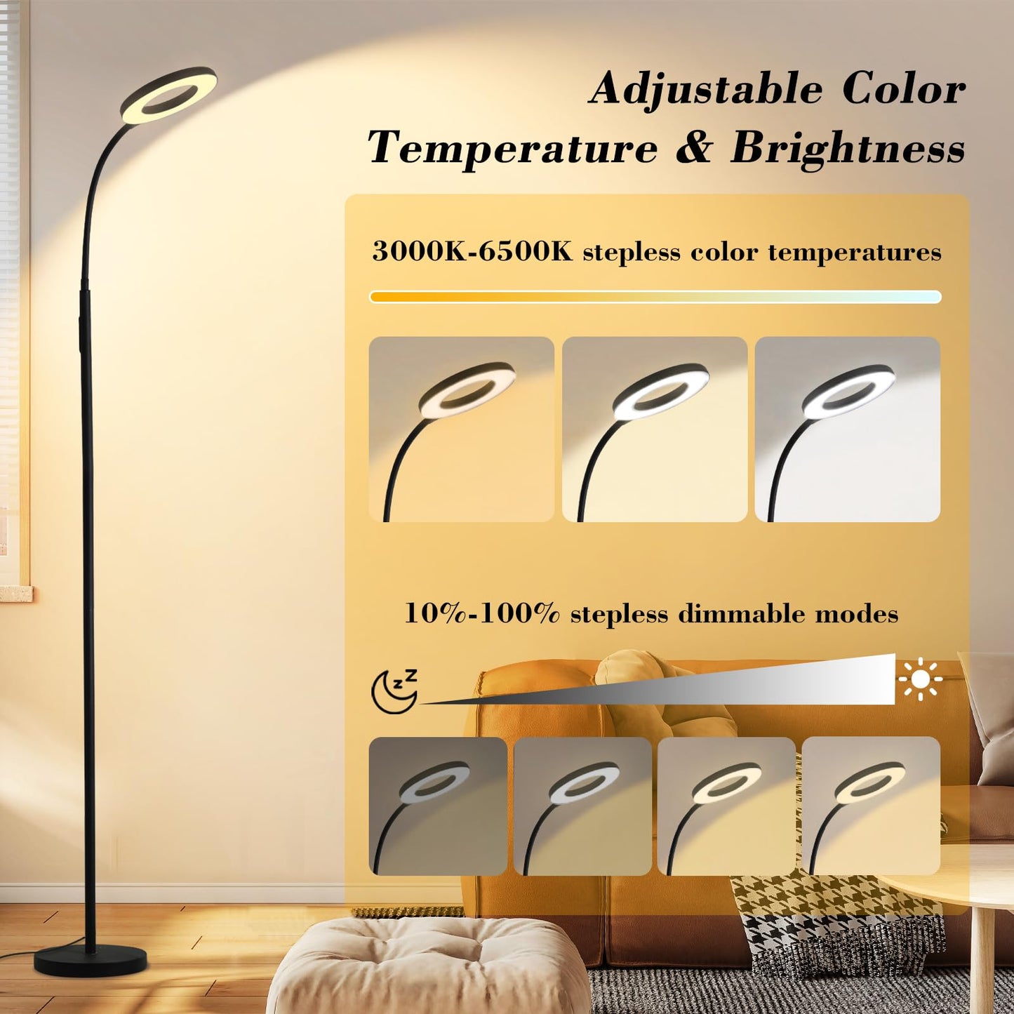 homakee LED Floor Lamp 12W 1000LM Adjustable Gooseneck Remote Touch Control Black HMK-FL