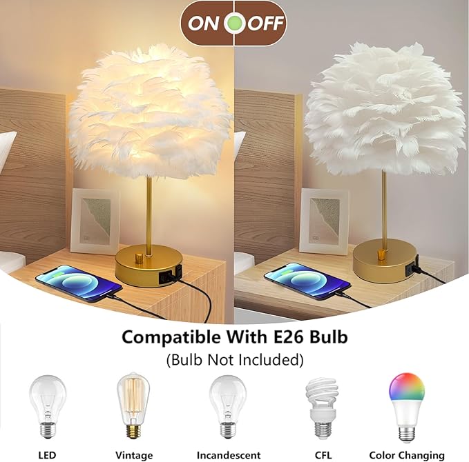 ZYLEIESENBAO Chic White Feather Lamp with USB Charging Port Modern Feather Table Lamp Cute Romantic Bedside Nightstand Light for Girl Room Childrens Room Living Room Entry Wedding Decoration