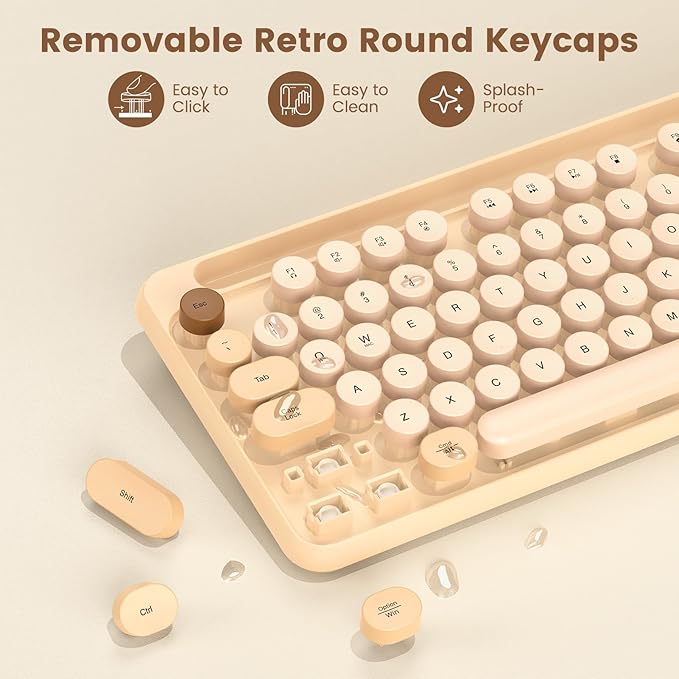 Wireless Keyboard and Mouse Combo, Retro Round Keycaps, Full-Size Stylish Typewriter Keyboard with Phone/Tablet Holder, Ergonomic Mouse with 3-Level DPI, 2.4GHz Connection for Windows/PC (Milk-Tea)