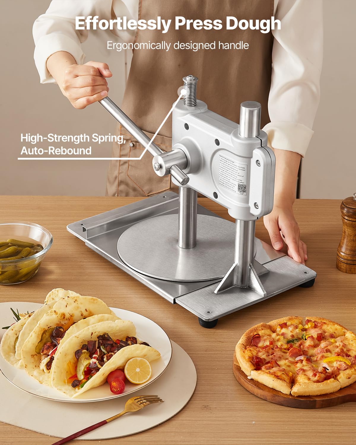 VEVOR Manual Pizza Dough Press Machine, 9.5 inch Pizza Pastry Press Plate, Stainless Steel Bread Presser, Commercial Chapati Sheet Crust Maker, Forming Machine with Handle and 100 Pcs Parchment Paper