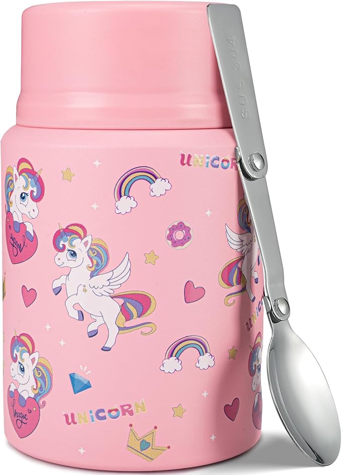 Charcy 17oz Thermo for Hot Food, Soup Thermo Food Container for Lunch Box with Folding Spoon ZB - Pink Unicorn Y