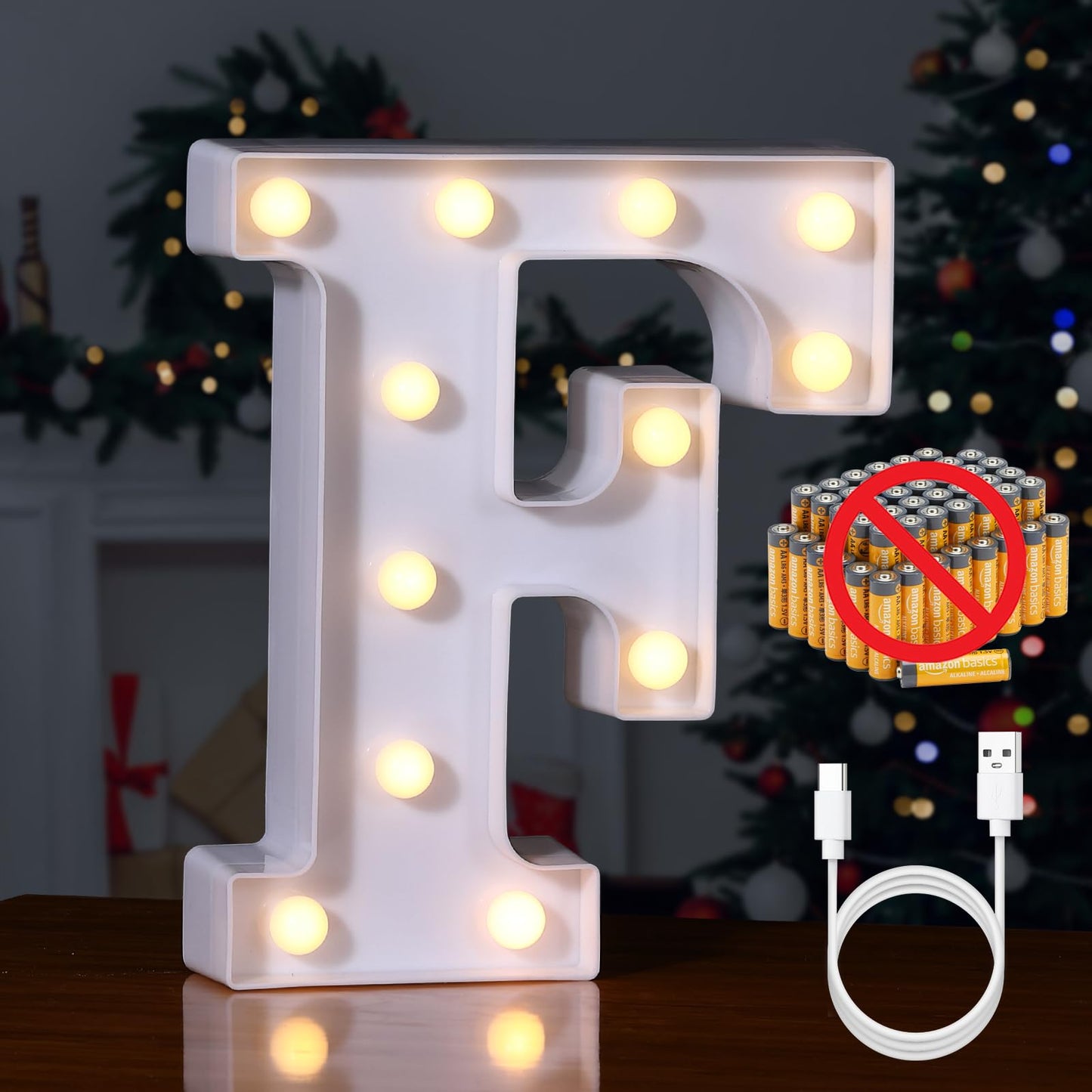 Foaky LED Letter Lights Sign, Rechargeable Warm Light, Model Recharge-ABS, Size F, Plastic Decoration for Parties and Home