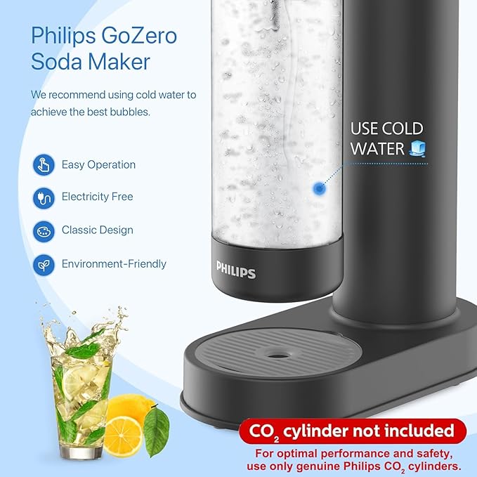 Philips Sparkling Water Maker ADD4901BKOQ/37, Plastic Soda Streaming Machine with Quick Twist Bottle, 1L BPA free PET Carbonating Bottle, Soda Maker Compatible with 60L CO2 Carbonator (NOT Included)