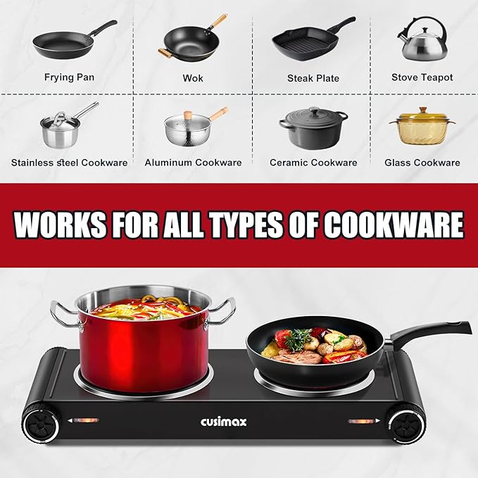 CUSIMAX Hot Plate for Cooking,1800w Double Infrared Burner,Portable Electric Stove with Adjustable Temperature Control,Ceramic Glass Hot Plate for Dorm Office Home Camp,Black Stainless Steel