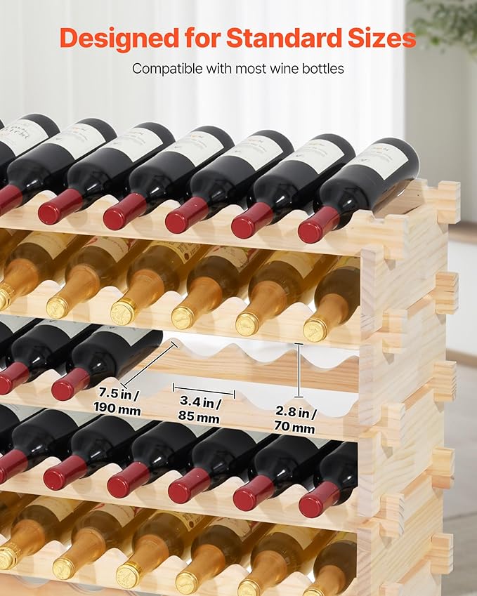 VEVOR 96 Bottle Stackable Modular Wine Rack, 8-Tier, Floor Freestanding Wine Storage Rack, Solid Wood Wines Display Shelf, Wobble-Free Shelves, Easy Assembly, for Kitchen, Cellar, and Bar, Natural