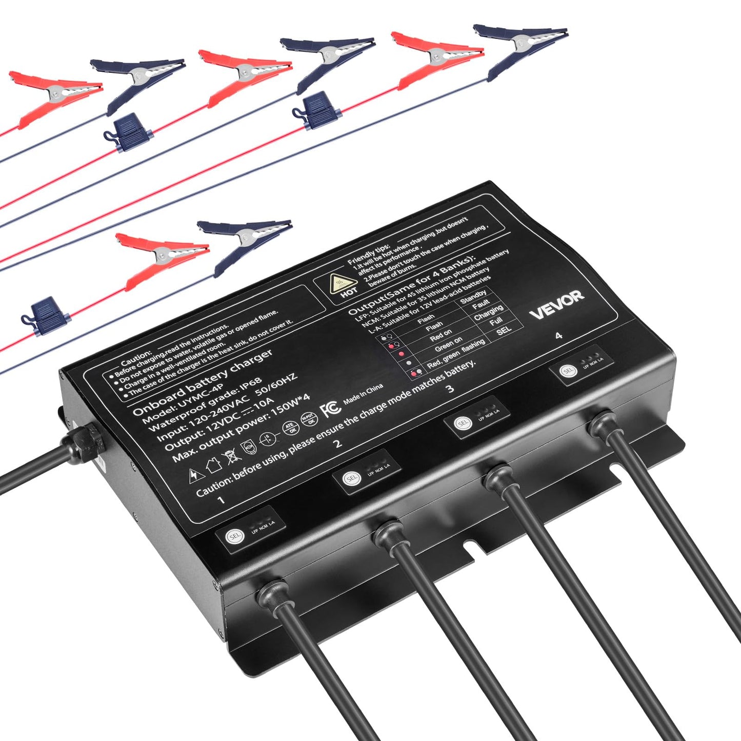 Vevor Marine Battery Charger, 4-Bank, 10A X 4, 12V Onboard Battery Charger, Ip68 Waterproof Smart Boat Charger, For Lithium-Ion