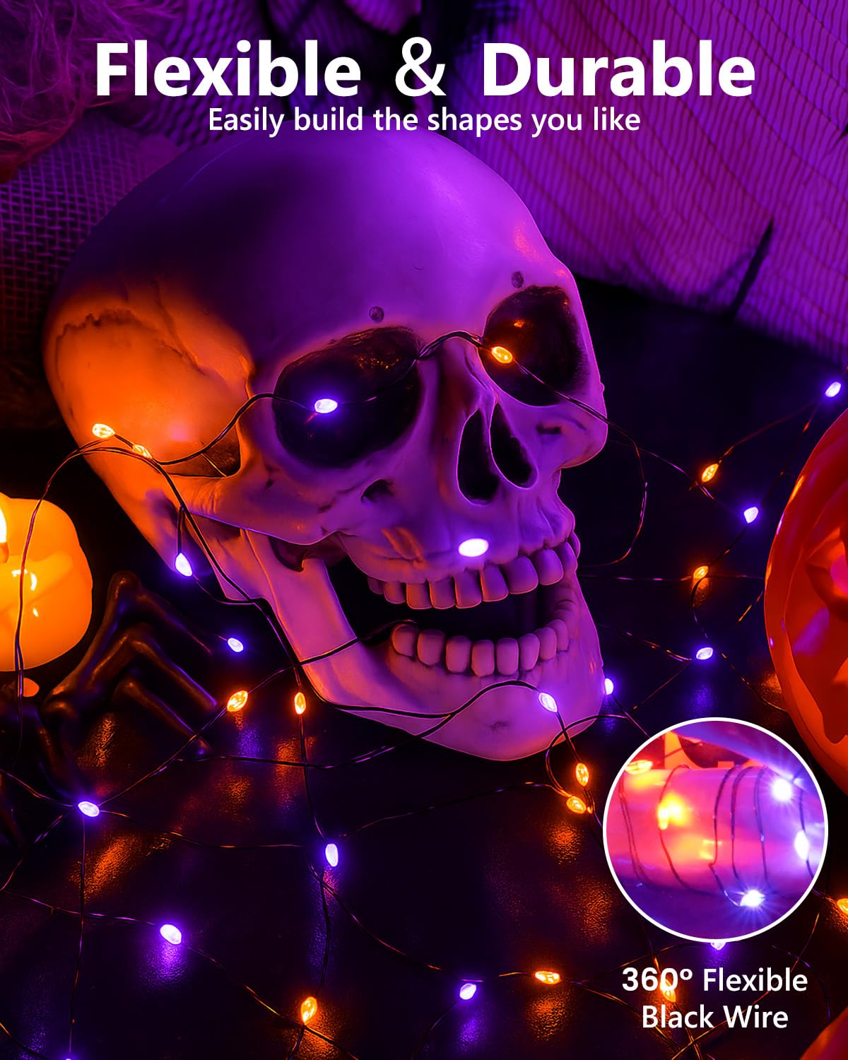 BOSSERN 4 Pack 60LED Fairy Lights, Battery Operated, Waterproof, 20FT, Black Wire, Halloween Decor, Purple & Orange