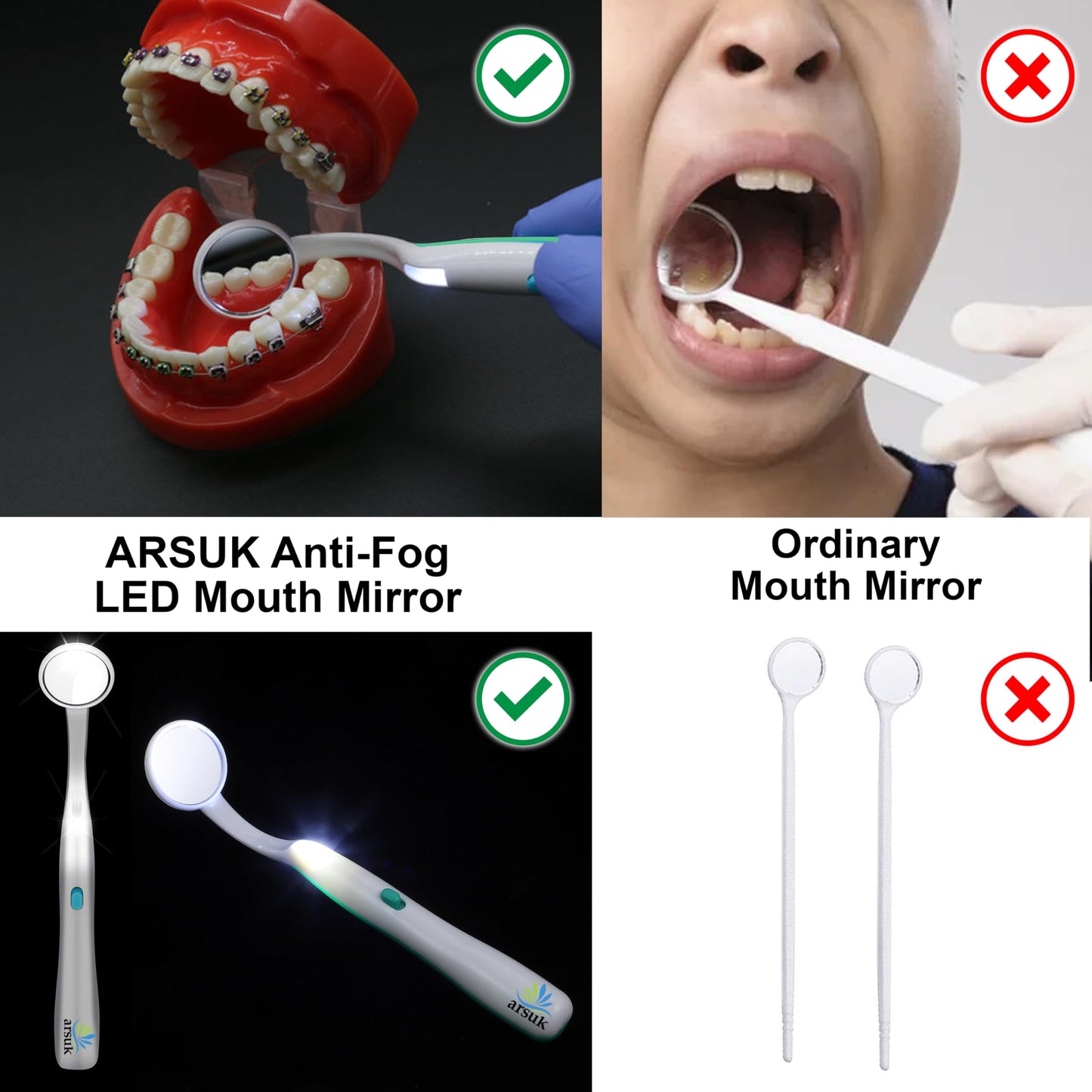 LED Dental Mirror with Light – Oral Inspection Tool for Teeth, Gums & Tongue – Anti-Fog Reusable Mouth Mirror for Home Dental Care, Hygiene Check & Oral Cleaning – Dentist Tools by ARSUK – 2 Pack