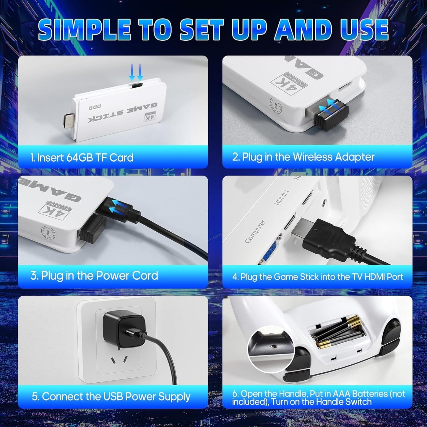 Retro Game Stick Wireless Retro Game Console Built-in 23 Emulators 20000+ Games Classic Plug & Play Video Games with 4K HDMI Output & Dual 2.4G Wireless Controller Gamepad
