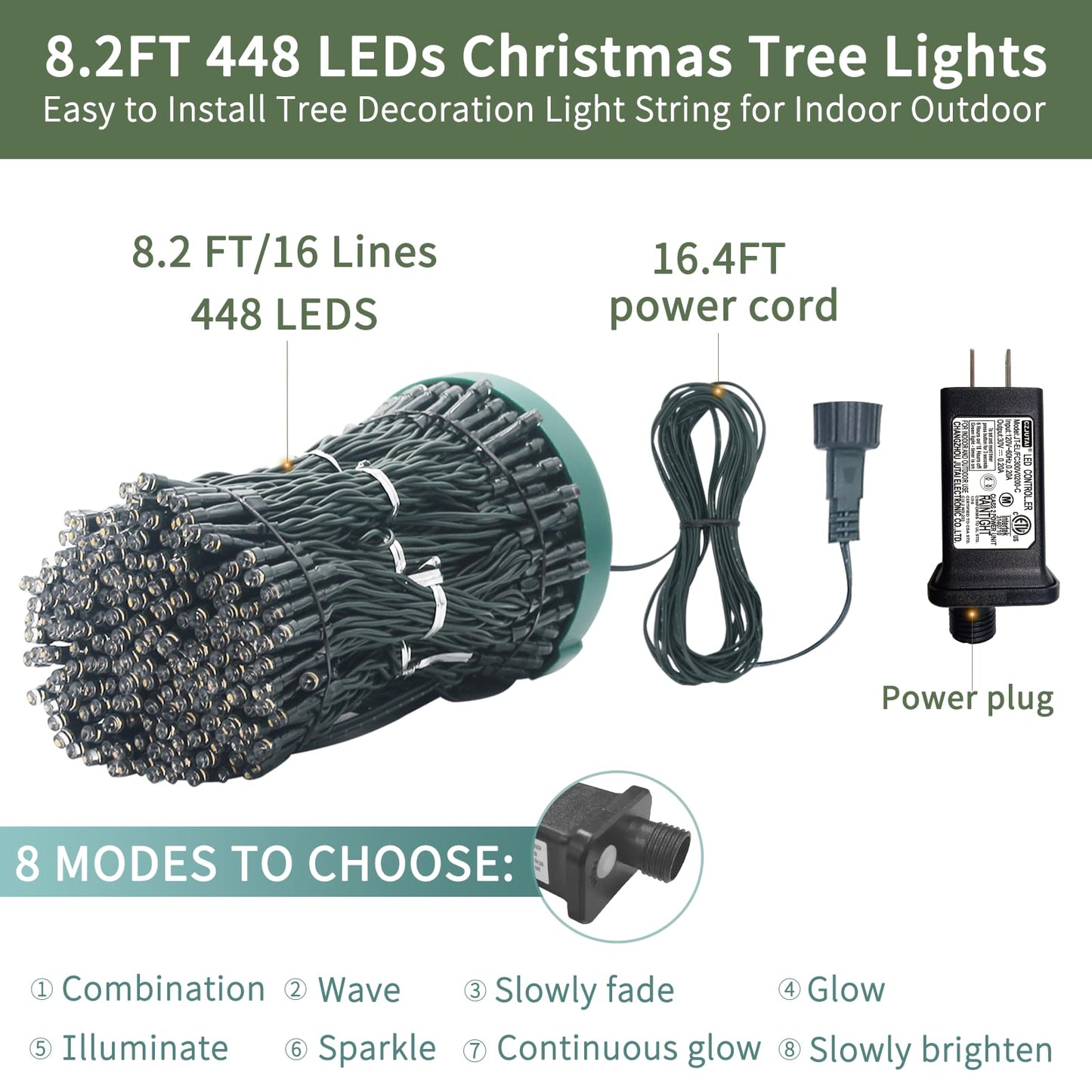 Christmas Tree Lights With Ring 8.2Ft 16 Line 448 Led Green Wire Fairy Waterfall String Light Plug In Dimmable Cascading Twinkle Lights With 8 Lighting Modes For Indoor Outdoor Xmas Tree(Cool White)