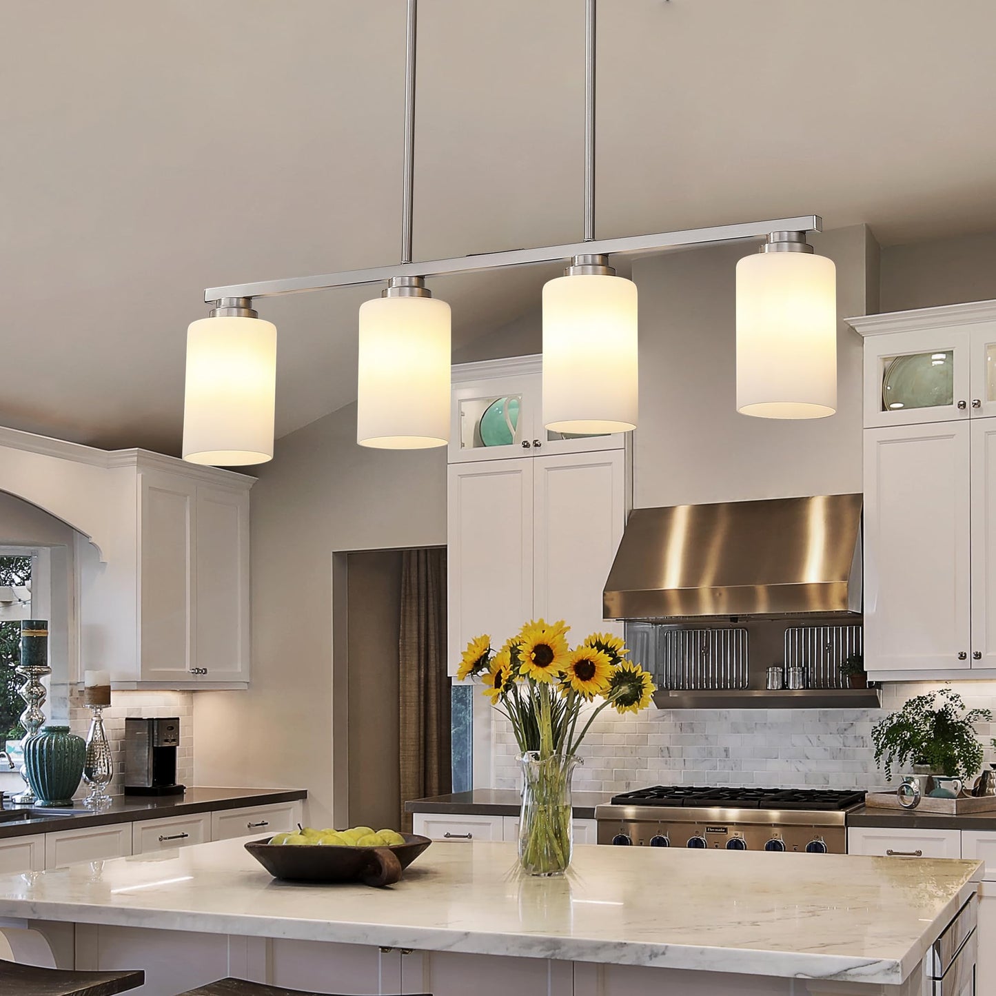 Mecgirn Island Light For Kitchen  Brushed Nickel Dining Room Light Fixture Over Table With Milk Glass Shade  4-Light Linear Chandelier Pendant Lighting For Dining Table Kitchen Island Living Room