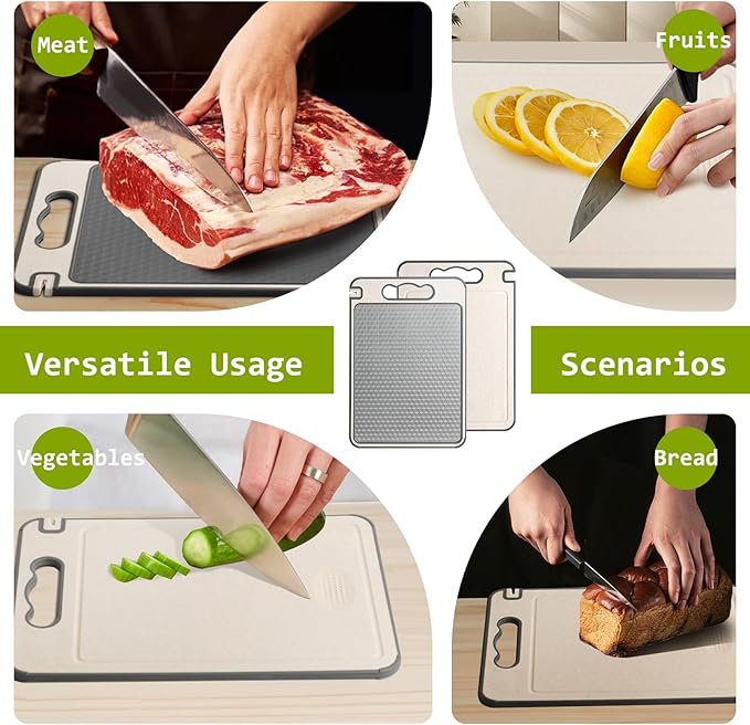 3-in-1 Stainless Steel Cutting Board for Kitchen, Double Sided,Non Toxic Cutting Board,Scratch-Resistant Mesh Design with Juice Groove,Easy Clean,Wheat Straw PP Large Chopping Board (15''*10'')