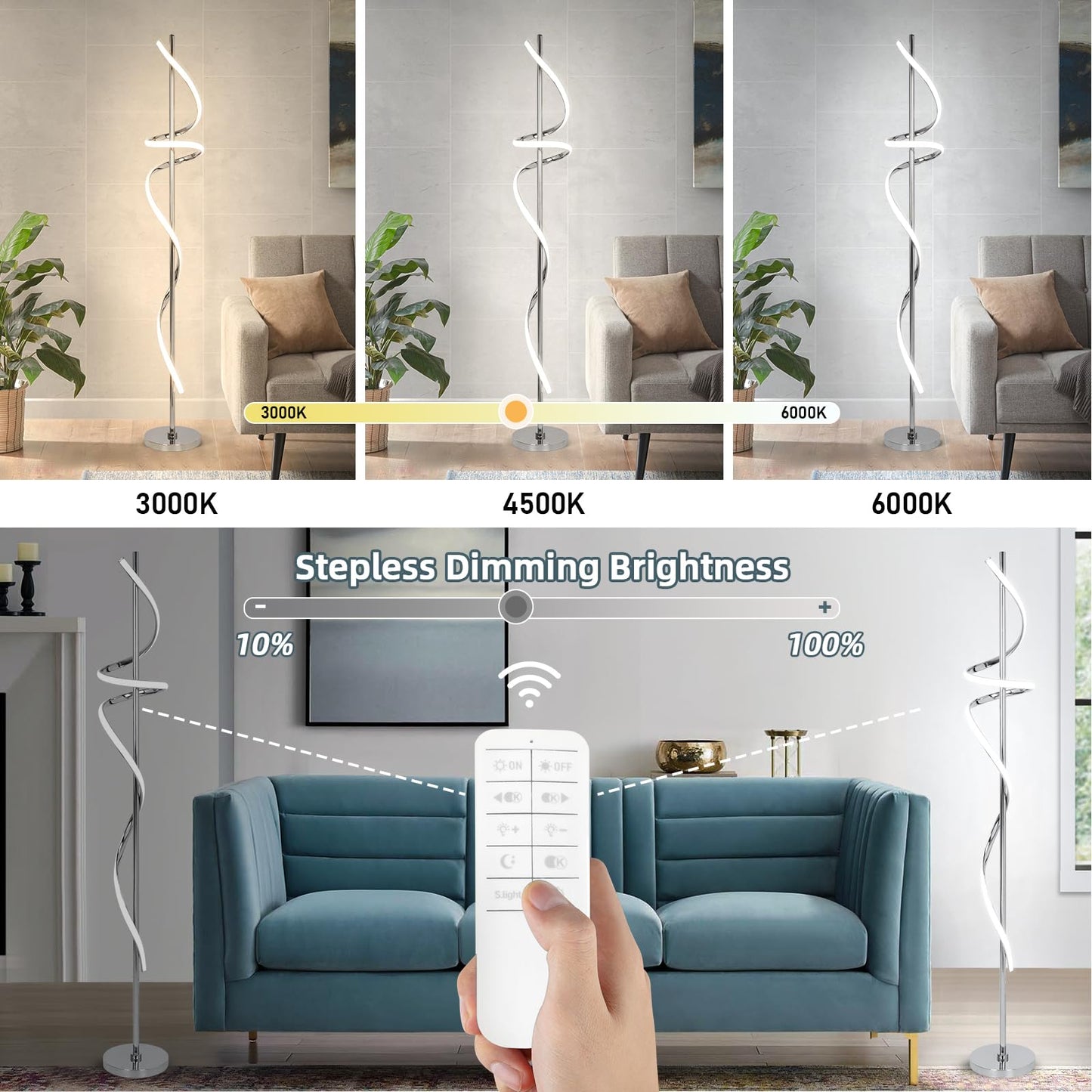 EIDISUNY Modern Floor Lamp, Dimmable LED, 60in, Aluminum, Chrome, 3 Color Temperatures, Model FL-YLC002SR
