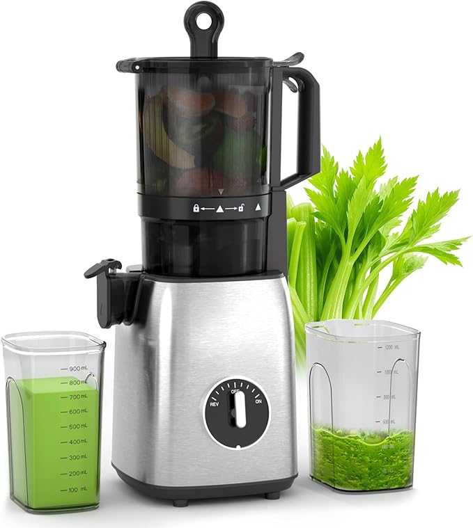 Crzoe 300W Cold Press Juicer with a 5.4 Wide Feed Chute for Whole Fruits and Vegetables,Vintage knob,Slow Masticating juicer, Easy to Clean and High juice Yield,Square body,Stainless Steel