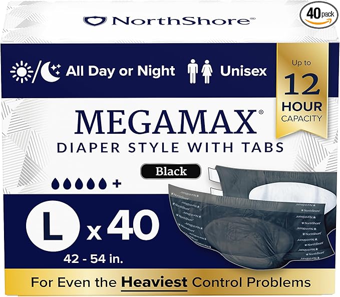 NorthShore MegaMax Adult Overnight Diapers, 12-Hour Tab-Style, Large, 40 Count Case, Black, 42-54 inches, Unisex Incontinence Underwear