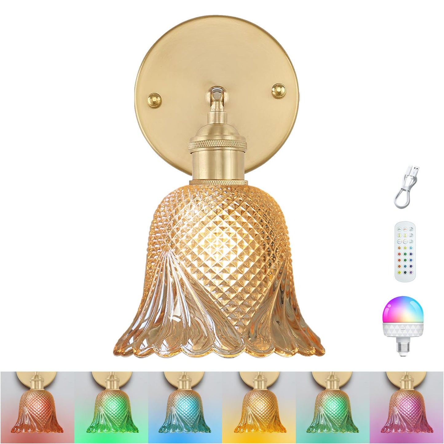 GEEZO Vintage Battery Operated Wall Sconce with Remote Control, Ripple Gold, Rechargeable, (1 pack), Model GEEZO-Y-9