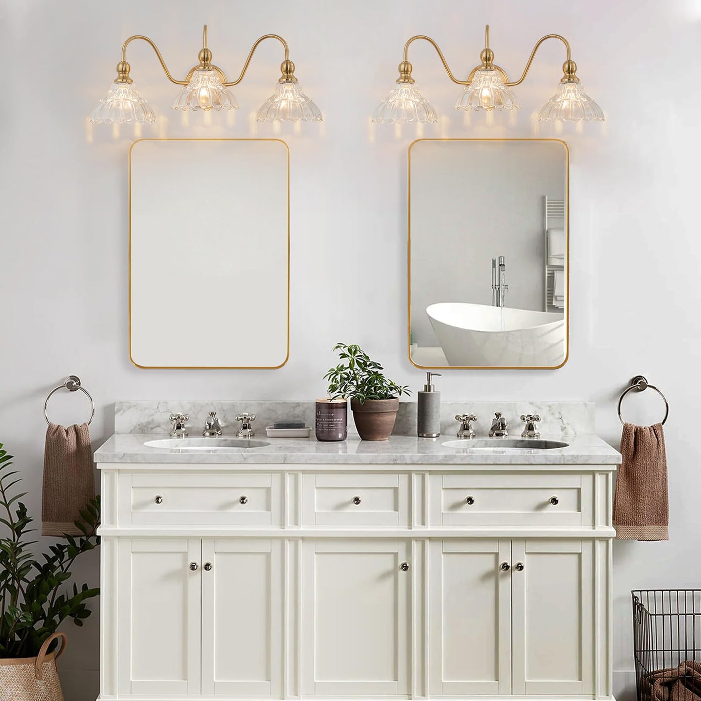 Brknit Vintage Bathroom Light Fixtures Over Mirror  3-Light Brass Wall Sconce Lighting With Flower Glass Shade  Farmhouse Vanity Lights For Bedroom Kitchen Living Room Hallway Light