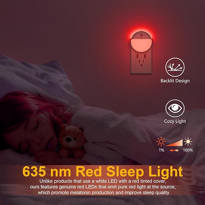 2 Pack Plug in Red Sleep Night Light, Dusk to Dawn, 3 Lighting Ways, Soft Glow, Stepless Dimming, LED Lights for Bedroom, Sleep, Baby Nursery, Kids, Toddler, Bathroom, Hallway, Home Decor