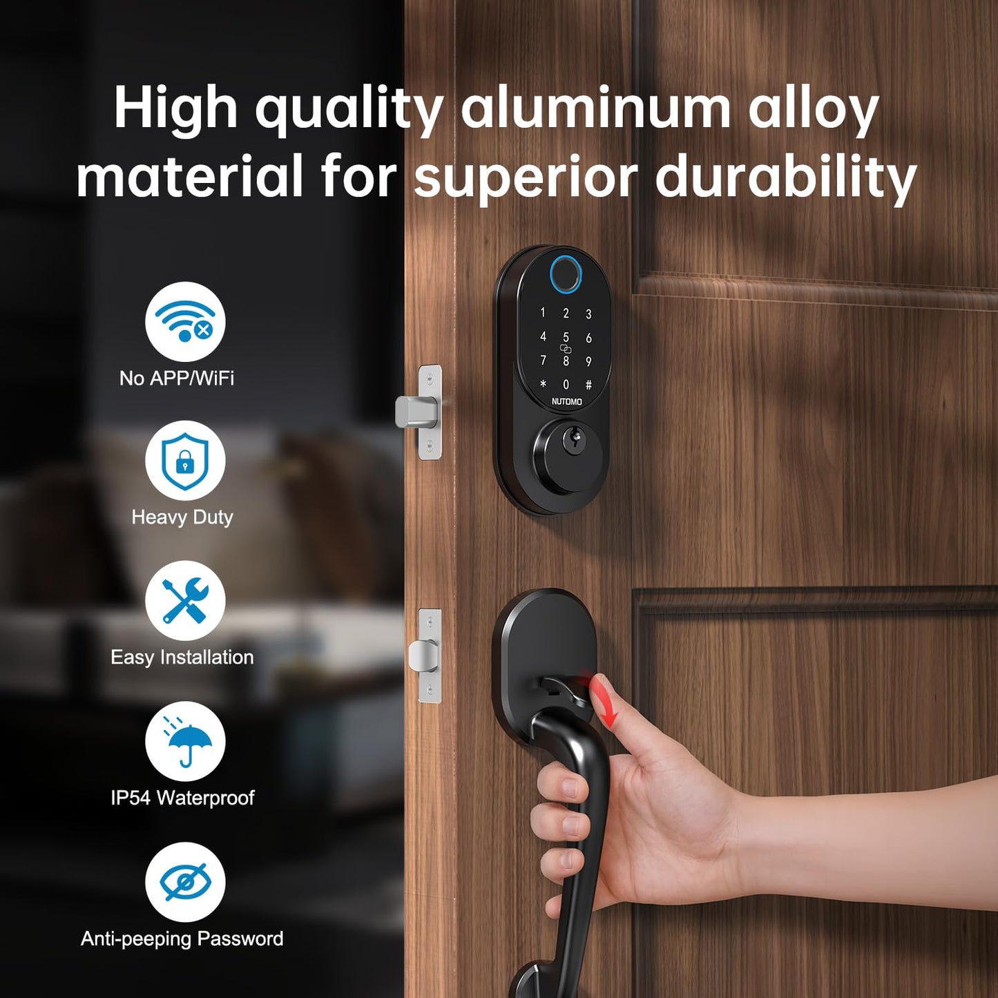 Smart Locks for Front Door: NUTOMO Keyless Entry Door Lock Deadbolt with Handle Set，Fingerprint doorlock Set,Electronic Digital Keypad Lock with Handle, Easy intall Code Auto Lock for Home Black