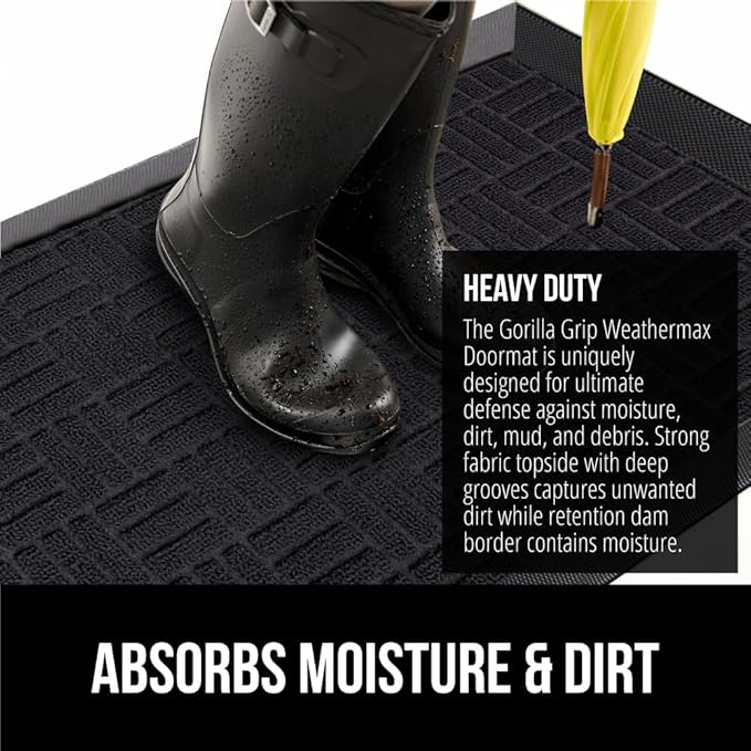 GORILLA GRIP 100% Waterproof All-Season WeatherMax Doormat, 23x35, Durable Natural Rubber, Stain and Fade Resistant, Low Profile, Indoor Outdoor Door Mats, Easy Clean Patio Entrance Mat, Midnight Maze