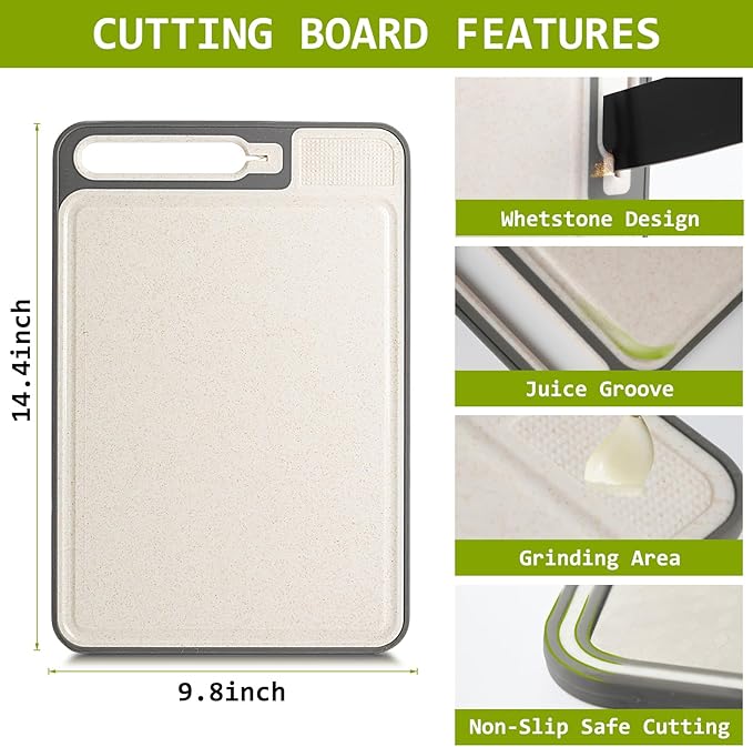 3-in-1 Stainless Steel Cutting Board for Kitchen, Double Sided, Cutting Board,Scratch-Resistant Mesh Design with Juice Groove,Easy Clean,Wheat Straw PP Large Chopping Board 15 * 11IN