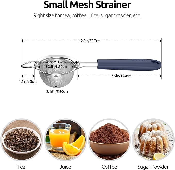 U-Taste Fine Mesh Food Strainer: 18/8 Stainless Steel 30 Mesh Kitchen Sieve with Sturdy Riveted Silicone Handle, Heavy Duty Deep Handheld Metal Colander (Small/3.35in+Medium/4.73, Midnight Blue)