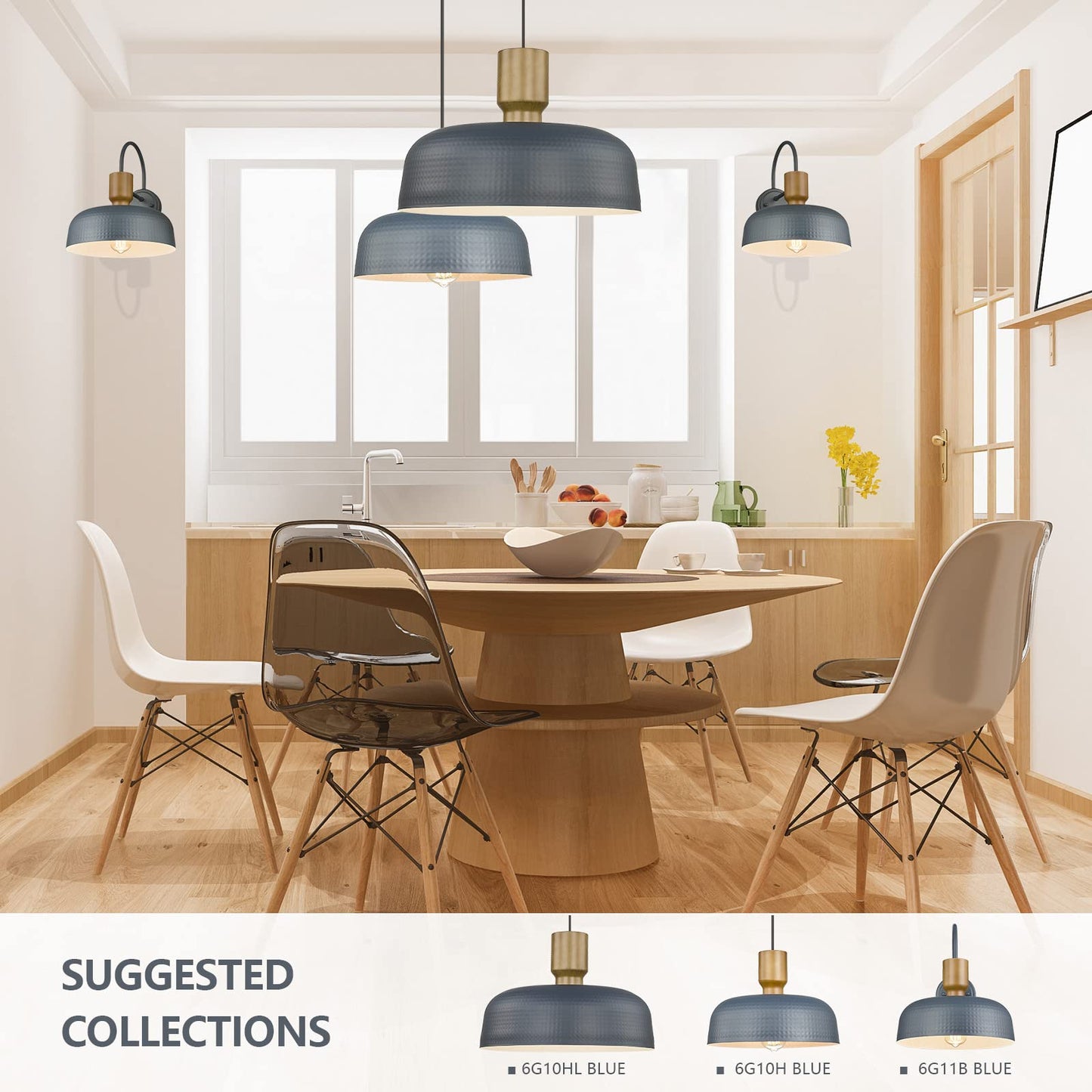 Darkaway Large Industrial Pendant Light Fixtures With Hammered Metal Shade  2 Pack Blue 18.1Inch Oversized Pendant Lighting For Kitchen Island Hanging Lamp Adjustable Height