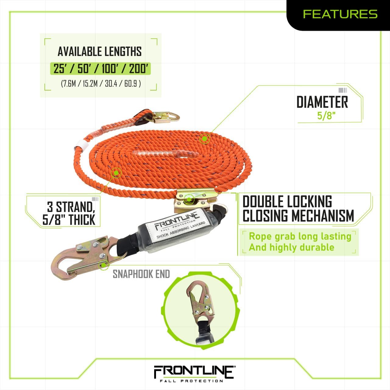 Frontline VLP200R3L Premium Vertical Lifeline with Openable Rope Grab 200' and Shock Pack | High Tenacity Polyester Material | Double Locking Closing Mechanism | OSHA & ANSI Compliant