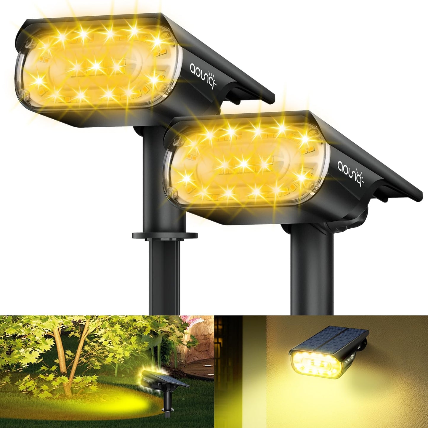 AOUNQ 2 Pack Solar Spot Lights Outdoor 1000 Lumens, 64 LEDs IP67 Waterproof Landscape Lighting with 4 Modes - 2-in-1 Solar Spotl