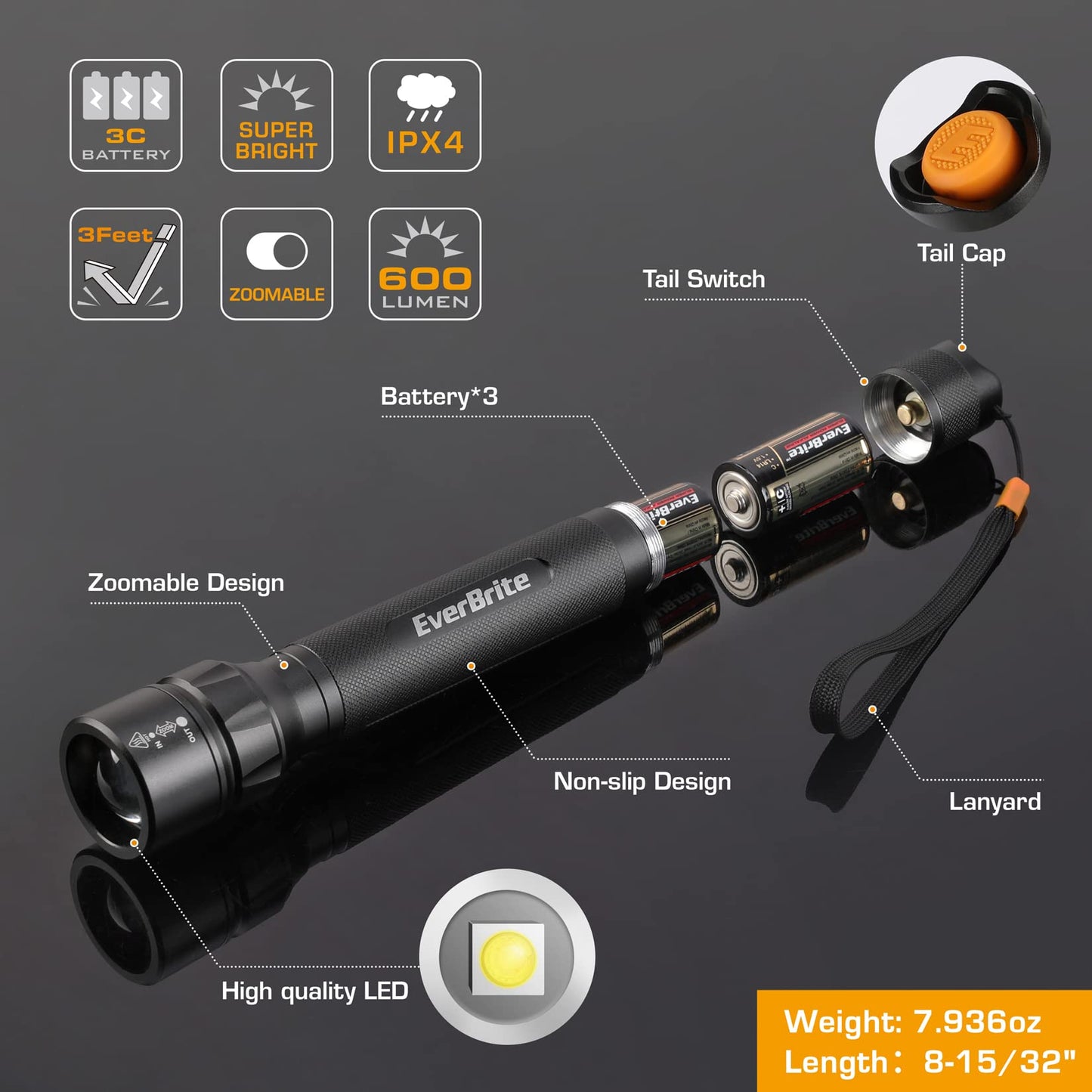 EverBrite Tactical Flashlight, 600 Lumen Zoomable, 4 Light Modes, Aluminum, Includes 3C Alkaline Batteries
