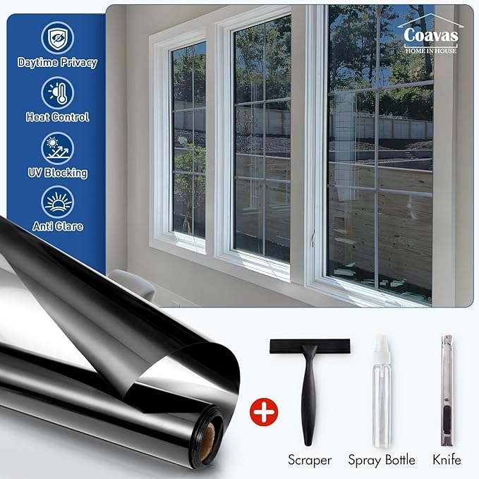 Coavas One Way Privacy Window Film,Daytime Window Tint for Home, Reflective Mirror Glass Window Film See Out Not in,Heat UV Blocking Anti-Glare Window Covers with 3 Tools, 23.6 x 393.7 Inch, Black