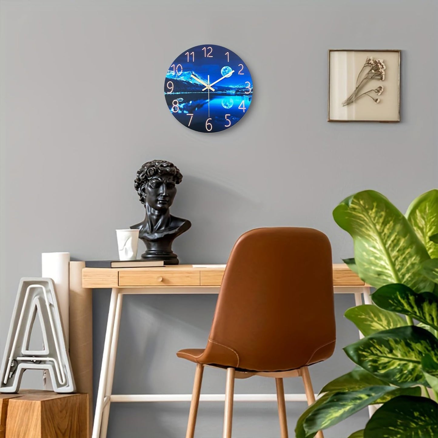 Blue Wall Clocks for Living Room 14 Inch Analog Wall Clock Battery Operated Moon Clock for Kitchen