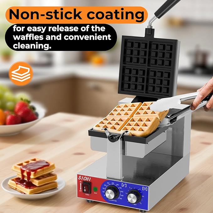 Commercial Waffle Maker -Belgian Waffle Maker w/Non-stick Baking Pan and 550℉ Heating, 1200W Rotating Waffle Iron for 1.2" Thick, Stainless Steel Square Waffle Machine for Hotel Restaurant