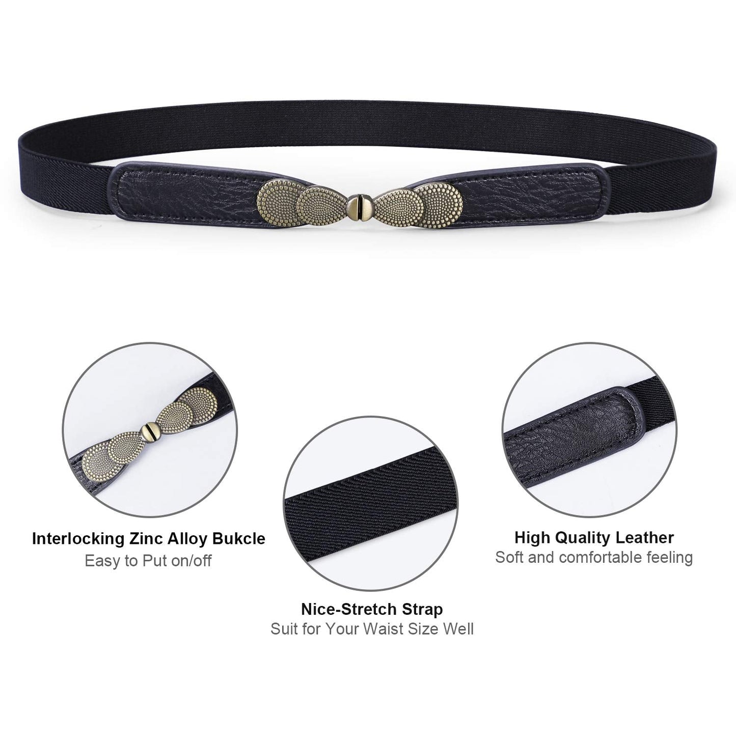 JASGOOD Women Skinny Elastic Stretch Belts for Dresses Retro Ladies Waist Vintage Thin Belts 2 Pack, Brown+ Black
