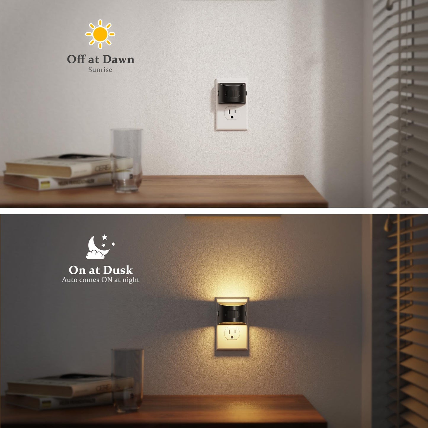 JandCase Motion Sensor Night Light, Dusk to Dawn, 30/60/100lm, Warm White, 2 Pack, Black-Arc, Model C-GY17702US-2