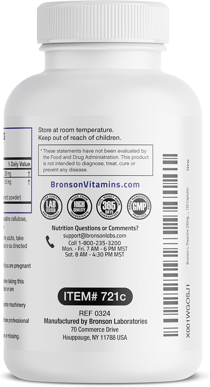 Bronson L-Theanine 200mg (Double-Strength) with Passion Flower Herb, Non-GMO Gluten-Free Soy-Free Stress Management Supplement, 120 Capsules