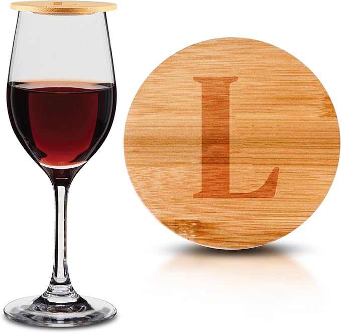Personalized Wine Glass Charcuterie Topper - Custom Laser Engraved Initial Bamboo Wine Glass Topper Stopper Coasters Plate ID Identification Wine Glass Charcuterie Board Topper (Letter L)