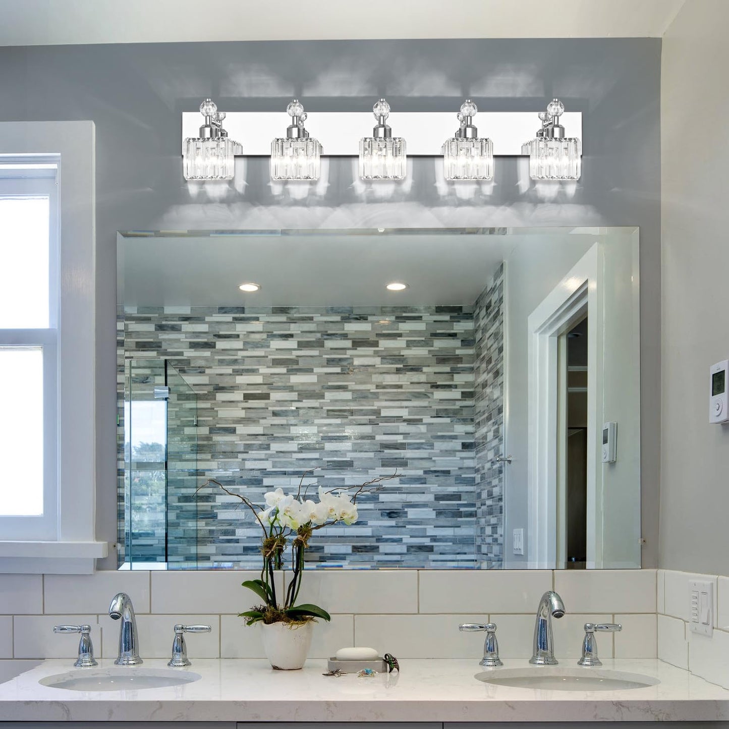 PRESDE 5-Light Vanity Light Fixtures, Modern Crystal Chrome, Stainless Steel, Model PRESDE-ModernK9