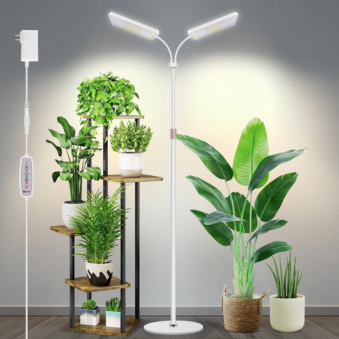 Wiaxulay Grow Lights for Indoor Plants, 306 LED Full Spectrum, Adjustable Height 24-68 in, 2 Heads, Timer, 3 Modes, White